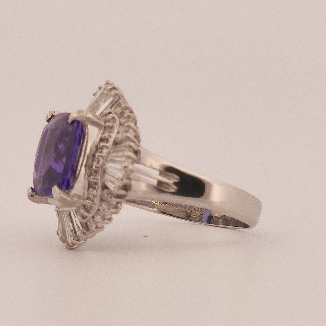 Modified Brilliant Cut, Cushion Shape, Bluish Violet Tanzanite (3.33CT, 9.71 x 8.32 x 4.87 mm) Mounted at Platinum 900 with Natural Diamonds (0.88CTW, E/F VS1). GIA Certified Stone (5231466563), Size 6.5