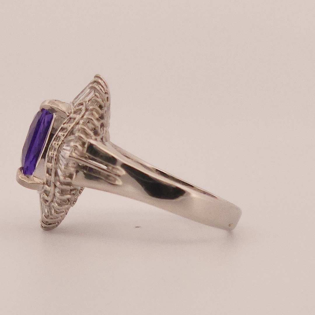 Modified Brilliant Cut, Cushion Shape, Bluish Violet Tanzanite (3.33CT, 9.71 x 8.32 x 4.87 mm) Mounted at Platinum 900 with Natural Diamonds (0.88CTW, E/F VS1). GIA Certified Stone (5231466563), Size 6.5