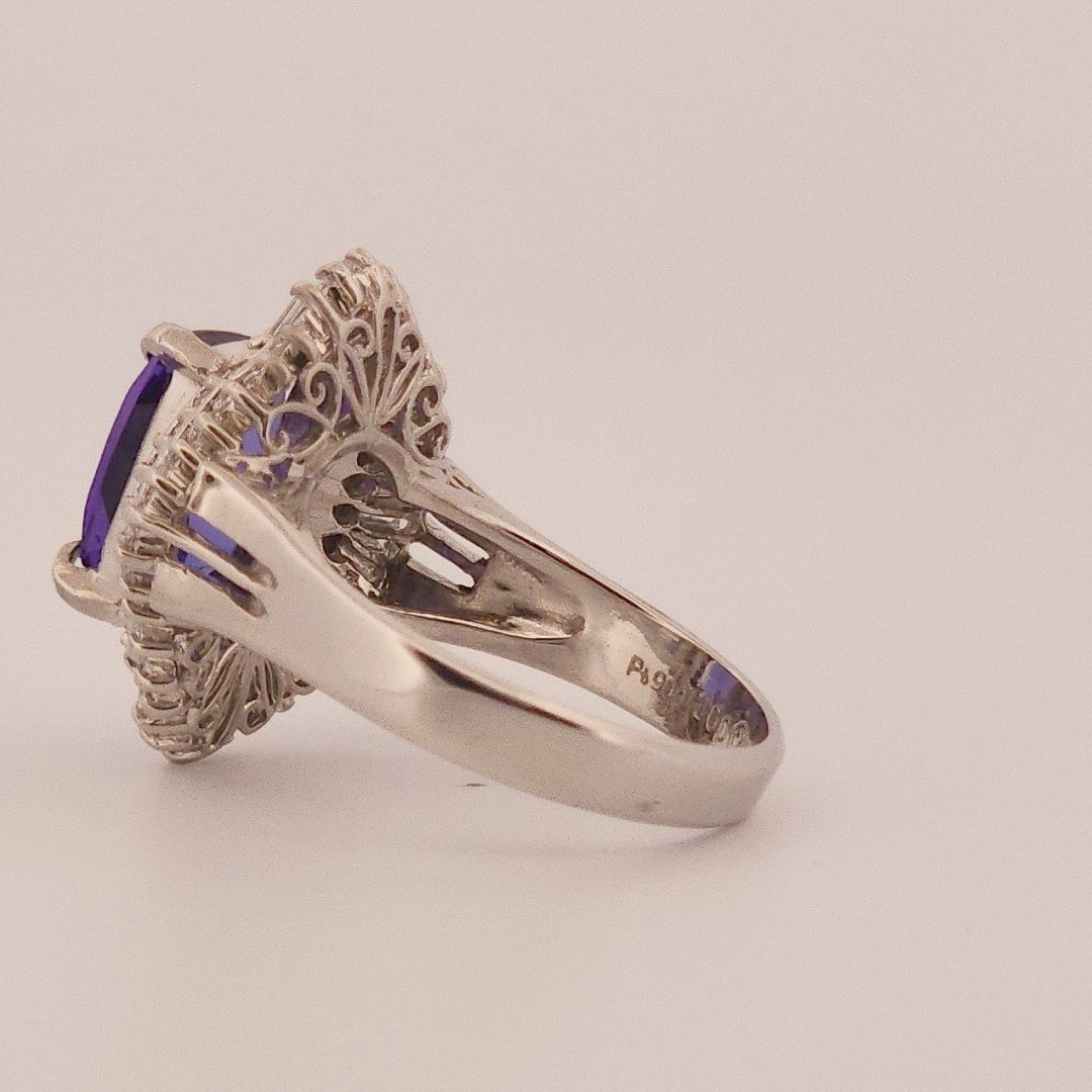 Modified Brilliant Cut, Cushion Shape, Bluish Violet Tanzanite (3.33CT, 9.71 x 8.32 x 4.87 mm) Mounted at Platinum 900 with Natural Diamonds (0.88CTW, E/F VS1). GIA Certified Stone (5231466563), Size 6.5