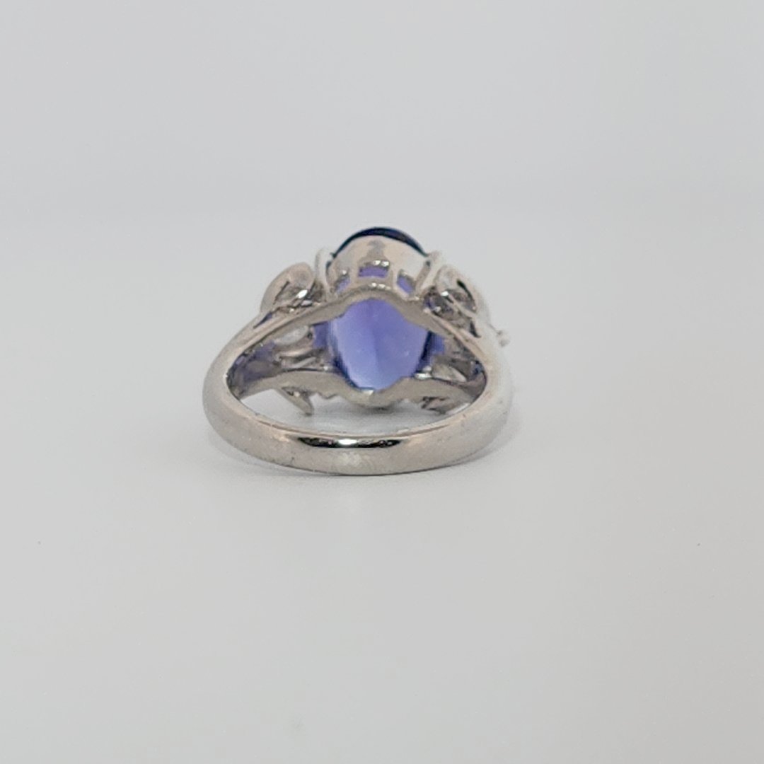 Modified Brilliant Cut, Oval Shape, Bluish Violet Tanzanite (4.38CT, 12.77 x 8.29 x 5.57 mm), Mounted at Platinum 900 Ring with Natural Diamonds (0.60 CTW, E/F-VS). GIA Certified (5232466621). Size 5.75