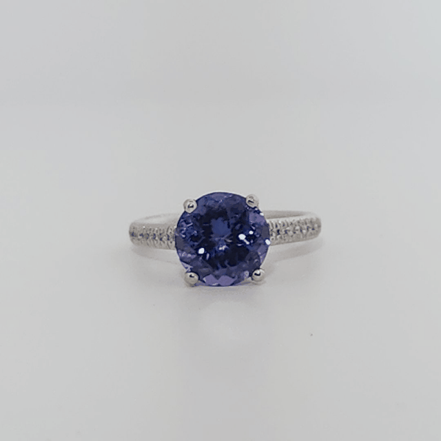 Modified Brilliant Cut, Round Shape, Bluish Violet Tanzanite (2.80CT, 8.89 - 9.01 x 5.53 mm), Mounted at Platinum 950 ring with Natural Diamonds (0.18 CTW E/F-SI). GIA Certified (5231466569). Size 5.25