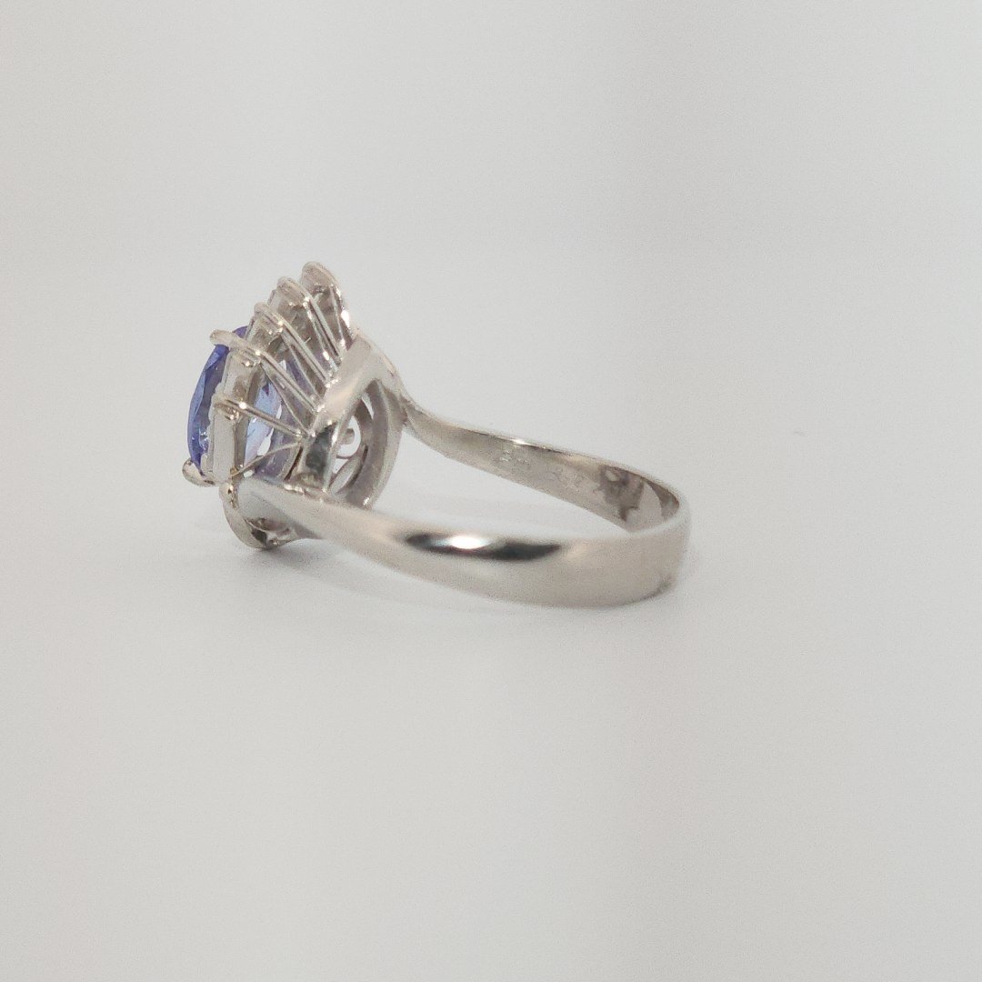 Oval Faceted, AAA, Natural Tanzanite (1.15CT, 8x6mm), Mounted on Platinum 900 Ring with Natural Diamonds (0.35 CTW, E/F-VS). Size 6