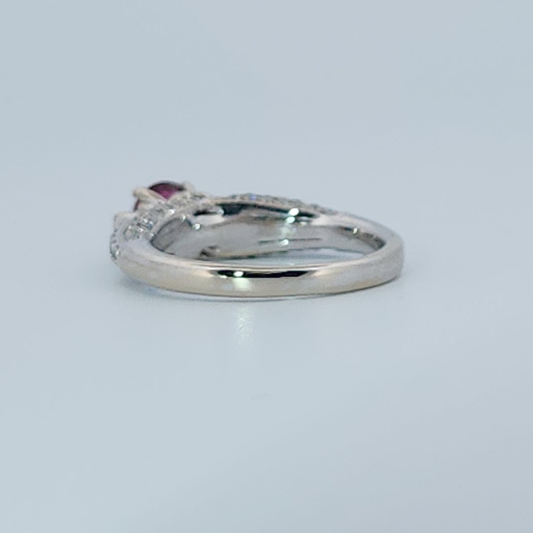 Brilliant Diamond Cut, Round Shape, Madagascar Ruby(0.55CT, 5.5mm), Mounted at 14K White Gold Ring with Natural Diamonds (0.50 CTW). Size 6.75