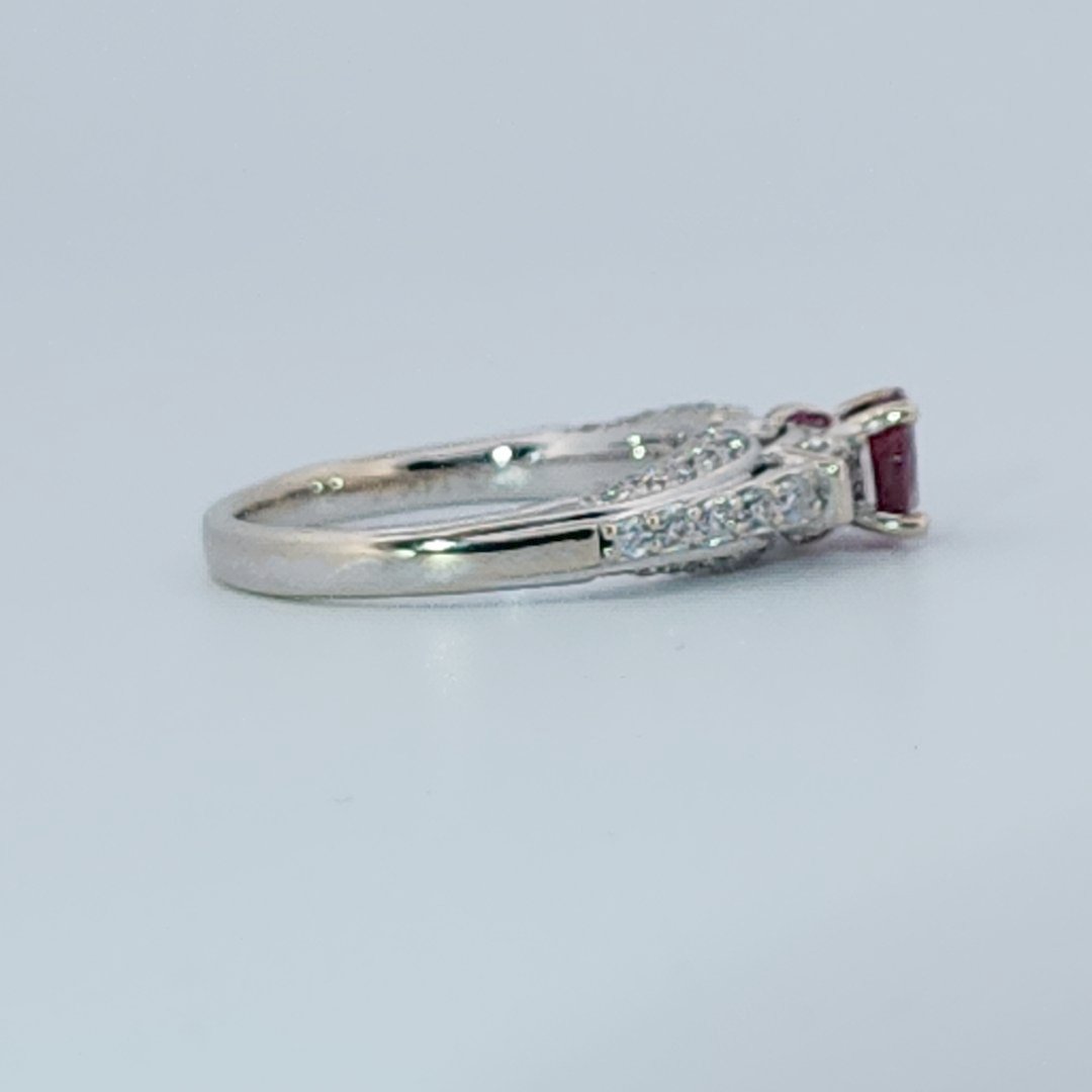 Brilliant Diamond Cut, Round Shape, Madagascar Ruby(0.55CT, 5.5mm), Mounted at 14K White Gold Ring with Natural Diamonds (0.50 CTW). Size 6.75