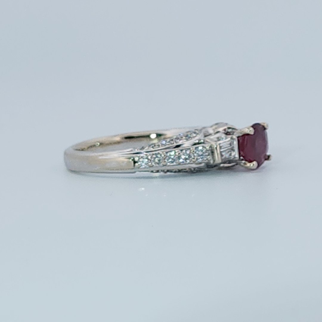 Brilliant Diamond Cut, Round Shape, Madagascar Ruby(0.55CT, 5.5mm), Mounted at 14K White Gold Ring with Natural Diamonds (0.50 CTW). Size 6.75