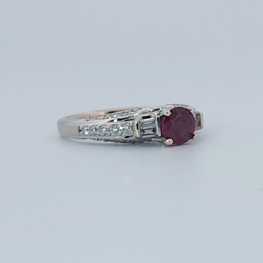 Brilliant Diamond Cut, Round Shape, Madagascar Ruby(0.55CT, 5.5mm), Mounted at 14K White Gold Ring with Natural Diamonds (0.50 CTW). Size 6.75