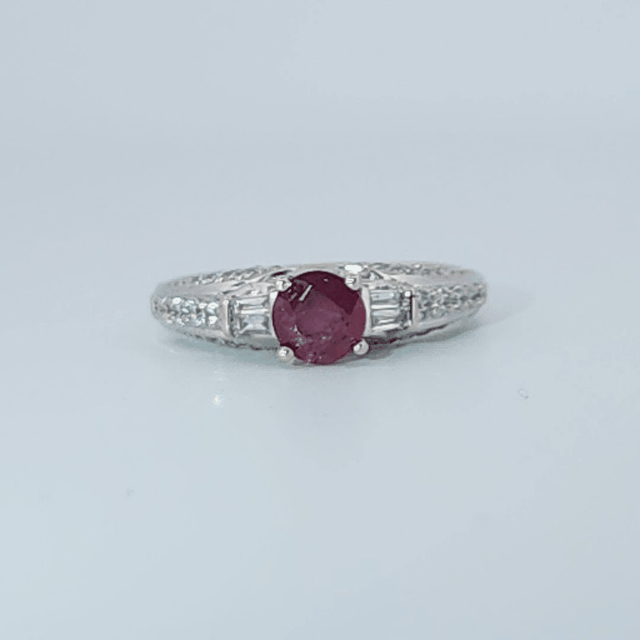 Brilliant Diamond Cut, Round Shape, Madagascar Ruby(0.55CT, 5.5mm), Mounted at 14K White Gold Ring with Natural Diamonds (0.50 CTW). Size 6.75