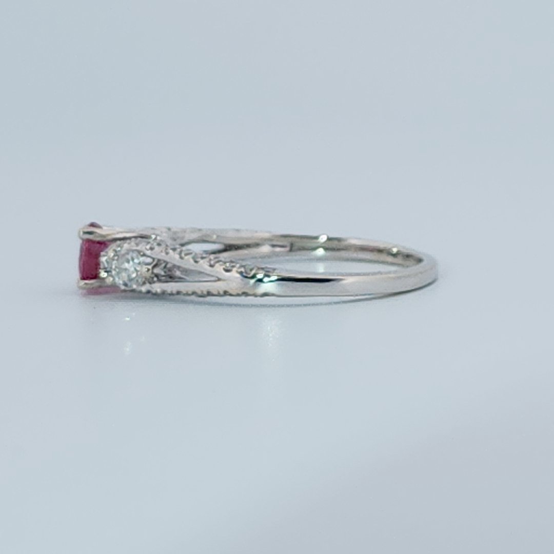 Brilliant Diamond Cut, Round Shape, Madagascar Ruby(0.35CT, 5mm), Mounted at 14K White Gold Ring with Natural Diamonds (0.50 CTW). Size 7.25