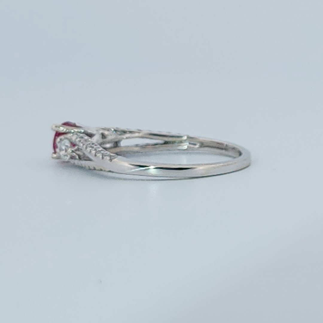 Brilliant Diamond Cut, Round Shape, Madagascar Ruby(0.35CT, 5mm), Mounted at 14K White Gold Ring with Natural Diamonds (0.50 CTW). Size 7.25