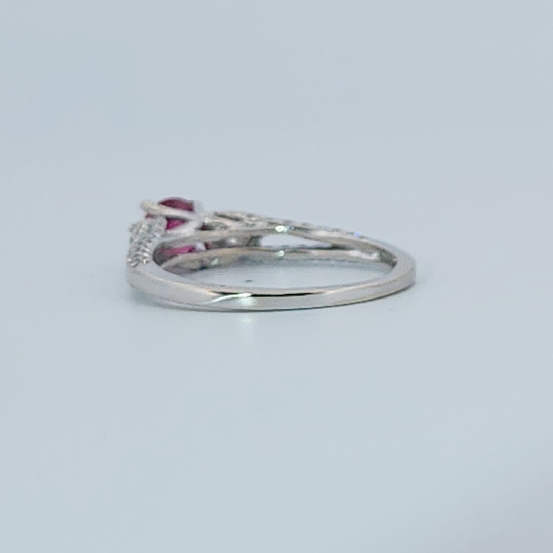 Brilliant Diamond Cut, Round Shape, Madagascar Ruby(0.35CT, 5mm), Mounted at 14K White Gold Ring with Natural Diamonds (0.50 CTW). Size 7.25