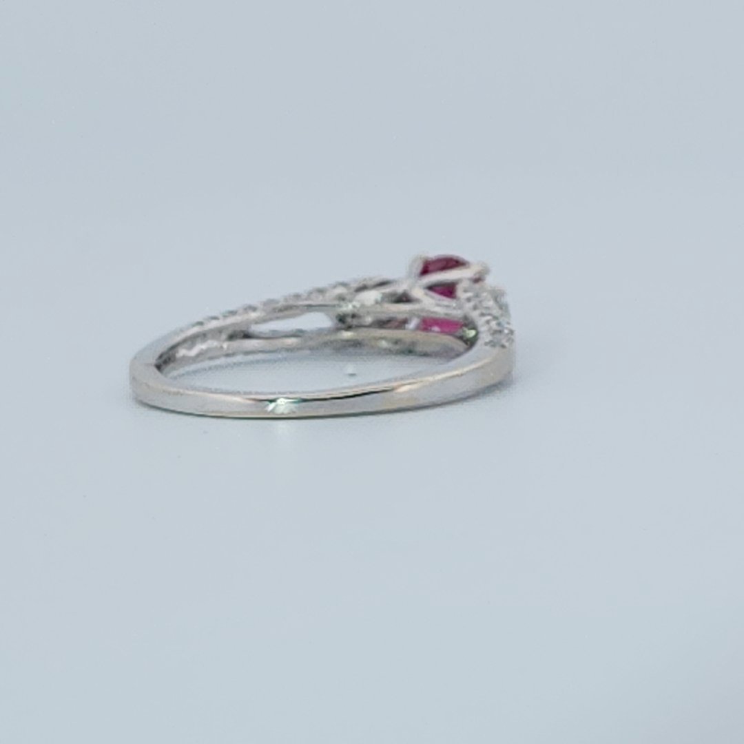 Brilliant Diamond Cut, Round Shape, Madagascar Ruby(0.35CT, 5mm), Mounted at 14K White Gold Ring with Natural Diamonds (0.50 CTW). Size 7.25