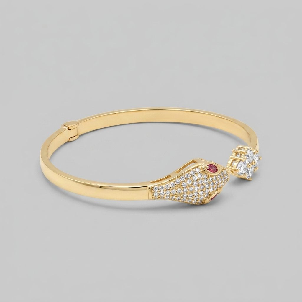 Serpent Style Bracelet with Solid Gold and Cubic Zirconia Stones, 14K Yellow Gold