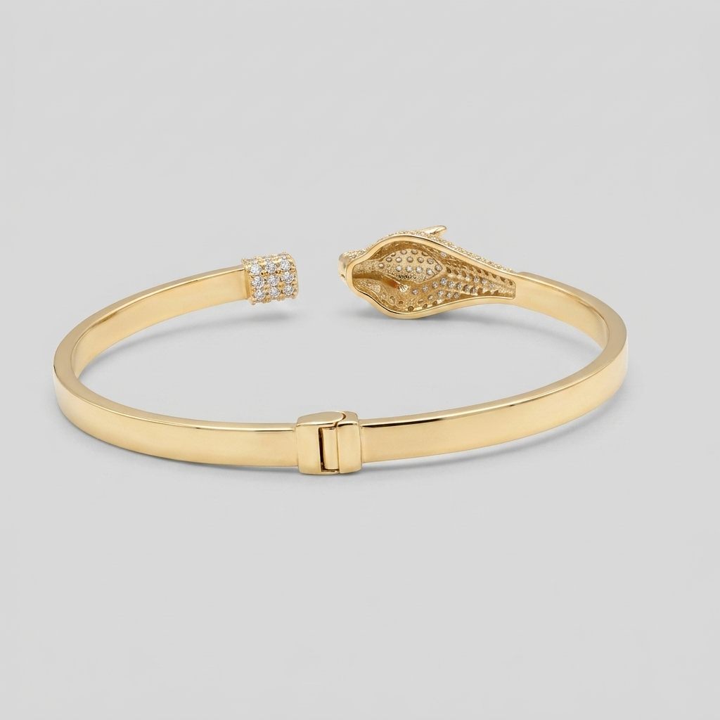 Serpent Style Bracelet with Solid Gold and Cubic Zirconia Stones, 14K Yellow Gold