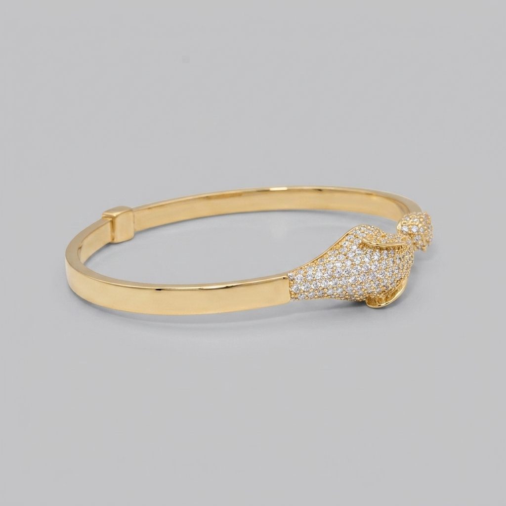 Serpent Style Bracelet with Solid Gold and Cubic Zirconia Stones, 14K Yellow Gold