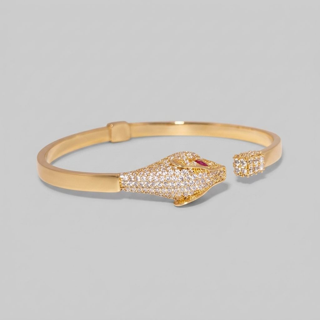 Serpent Style Bracelet with Solid Gold and Cubic Zirconia Stones, 14K Yellow Gold