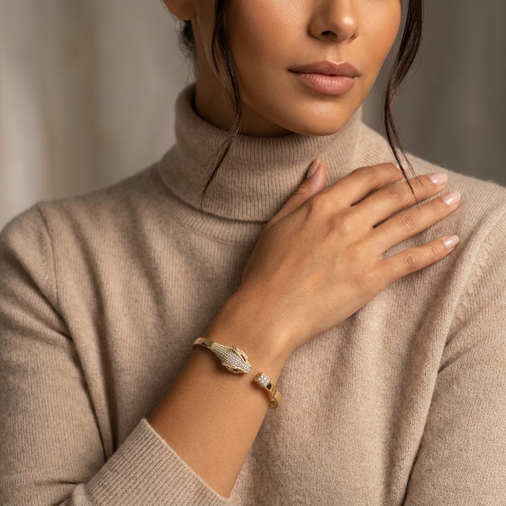 Serpent Style Bracelet with Solid Gold and Cubic Zirconia Stones, 14K Yellow Gold