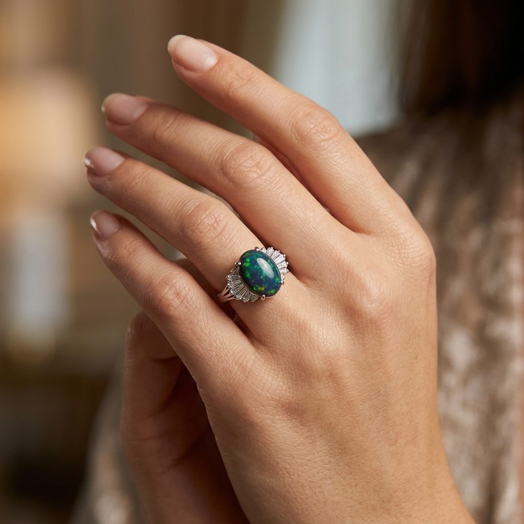 DATA_MISMATCH: Black Opal Ring vs Opal 2.6ct (typical white/translucent) | Platinum Ring, set with 1 Opal (2.6ct, dark/black) and Diamonds (0.485ct total), 8g