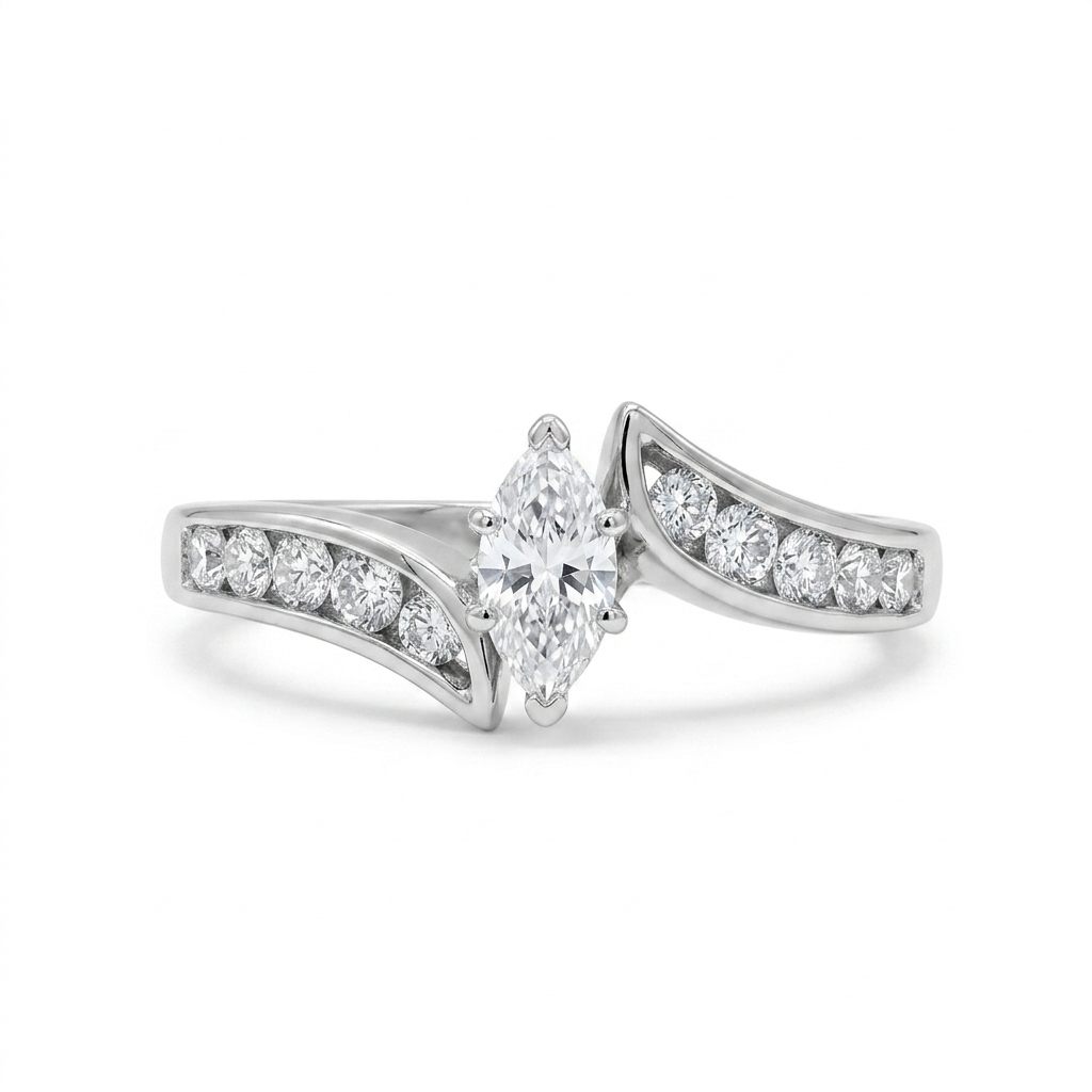 Natural Diamonds (0.89 CTW) Center Marquise (0.39 CT), Size 8, 14K White Gold