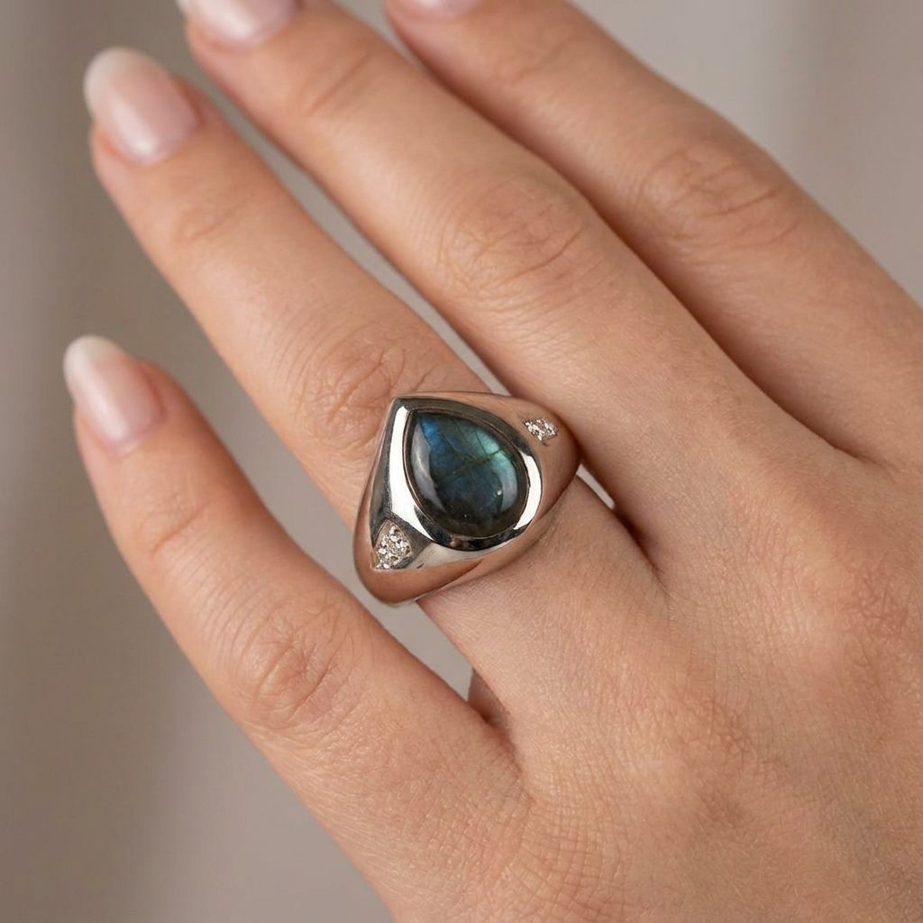 Pear Shape Labradorite and Natural Diamonds (G/SI1 0.1CTW), 14K White Gold