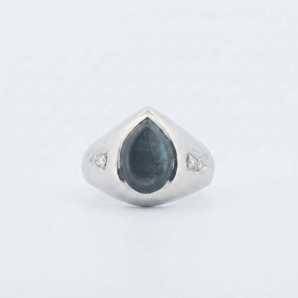 Pear Shape Labradorite and Natural Diamonds (G/SI1 0.1CTW), 14K White Gold