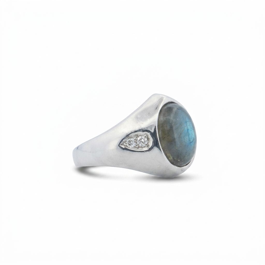 Pear Shape Labradorite and Natural Diamonds (G/SI1 0.1CTW), 14K White Gold