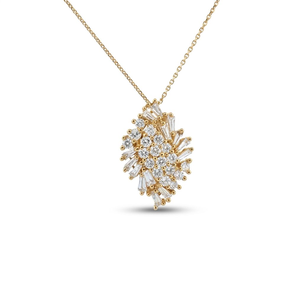 Female Cluster Pendant Necklace, 14K Yellow Gold, 1ct F VS1 Diamond Baguette and Round Cut.