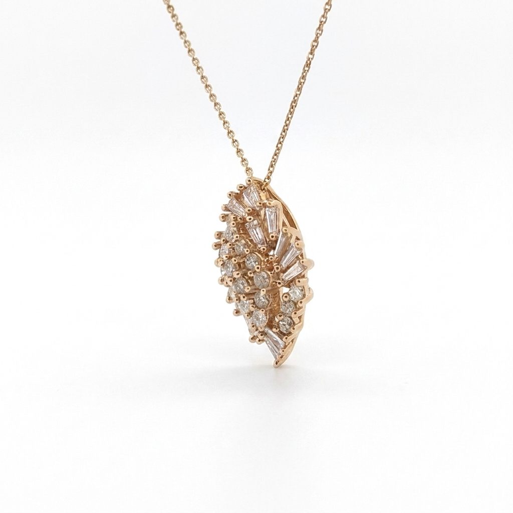 Female Cluster Pendant Necklace, 14K Yellow Gold, 1ct F VS1 Diamond Baguette and Round Cut.