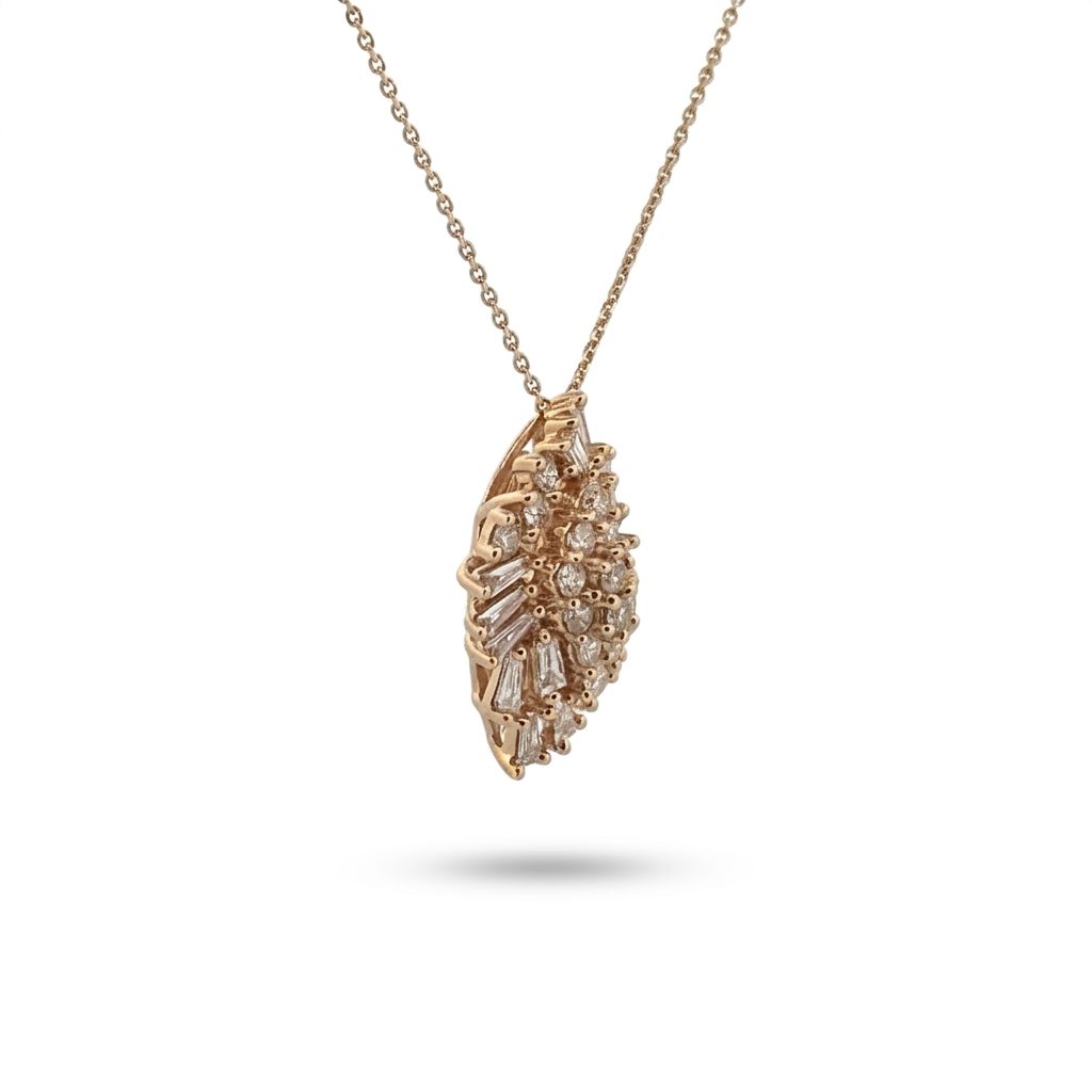 Female Cluster Pendant Necklace, 14K Yellow Gold, 1ct F VS1 Diamond Baguette and Round Cut.
