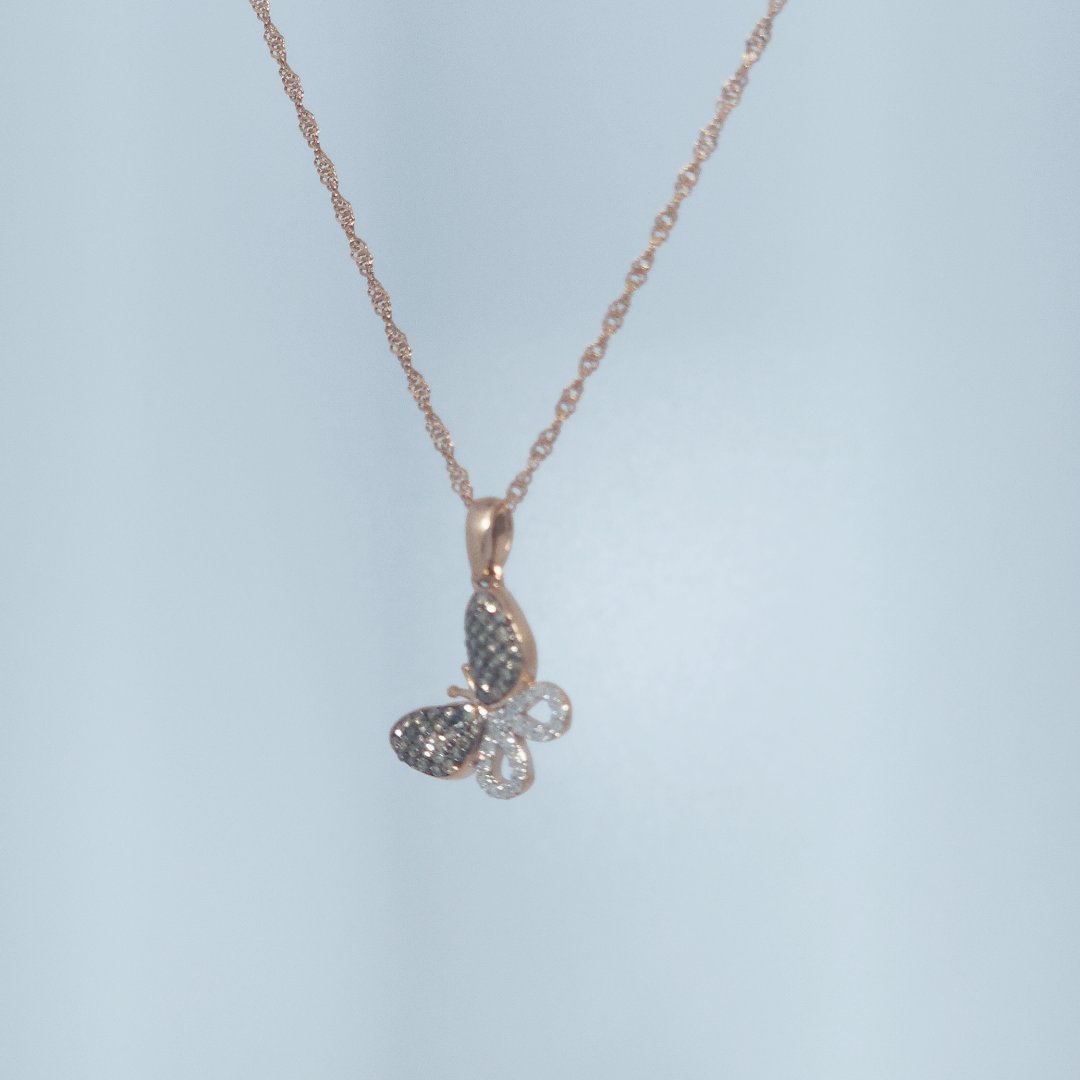 Butterfly Chocolate and White Natural Diamonds(1/8 CTW) Pendant with Chain