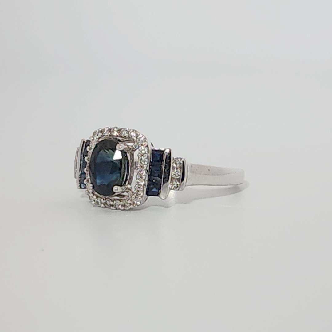 Natural Sapphire and 0.35ct Natural Diamonds Women Ring, 14K White Gold