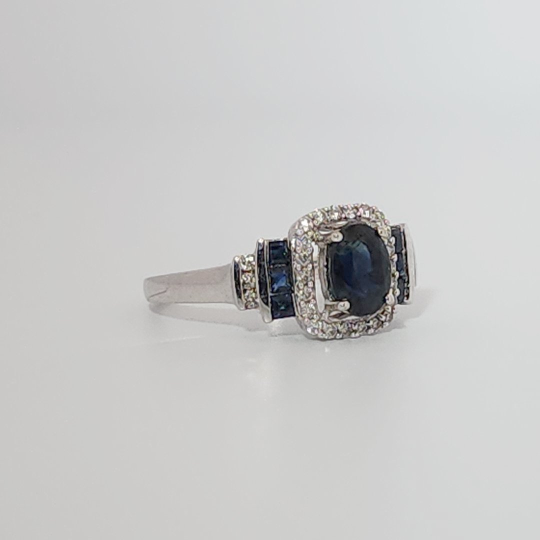 Natural Sapphire and 0.35ct Natural Diamonds Women Ring, 14K White Gold