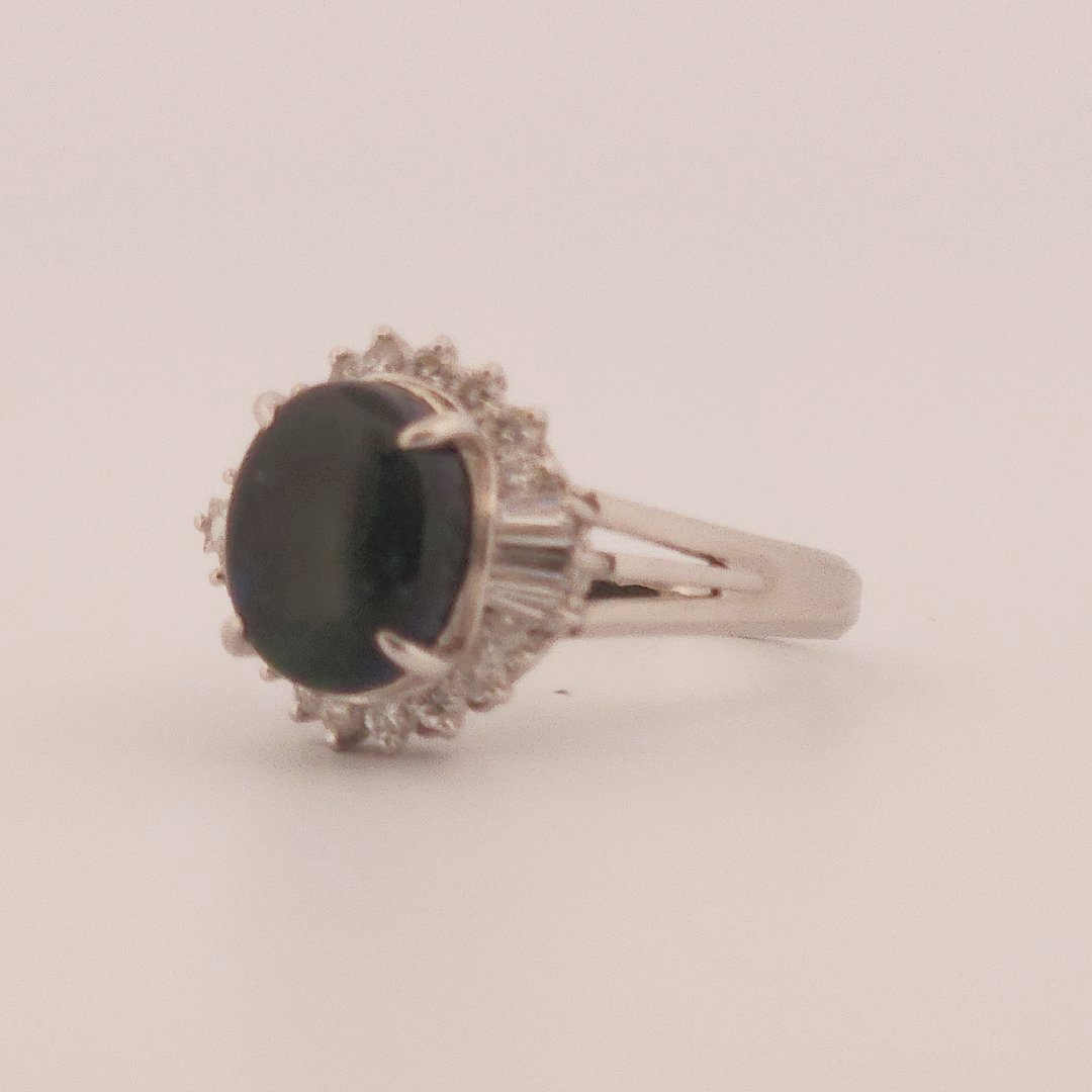 0.40ct Natural Diamonds, with 2.60ct Natural Black Opal, Women Ring, Platinum 850