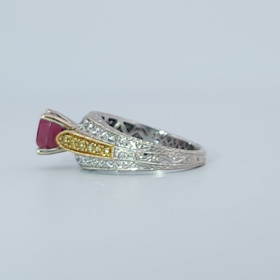 Yellow and white Diamond (0.30 CTW Approximately) with Burmese Red Spinel stone in Center (1.45CT 6.91X6.23mm). 7.80 Gram Total weight, 18K White and Yellow - Gold, GIA-5231573527